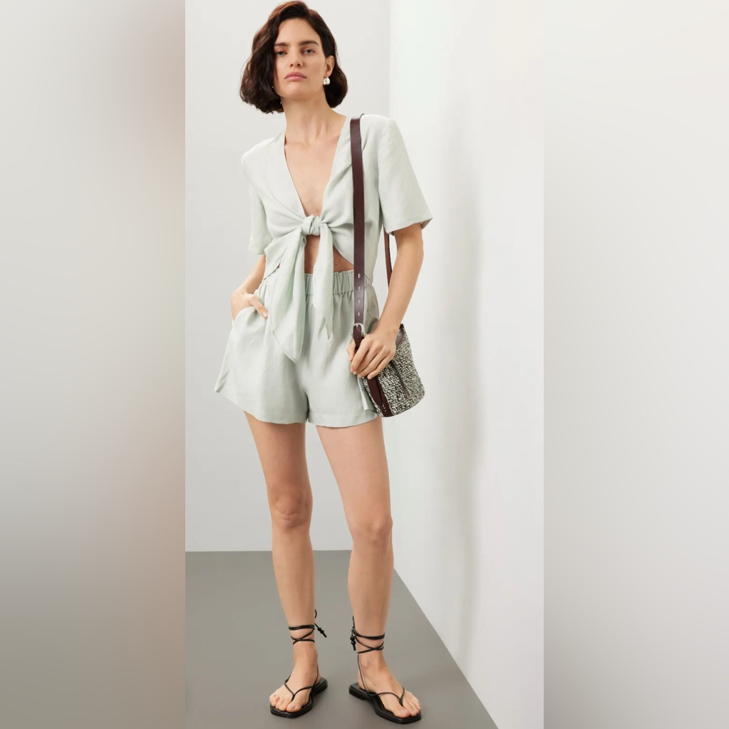 Thakoon Mint Green Romper Women’s Size 10 Linen Blend Tie Front Elastic Waist